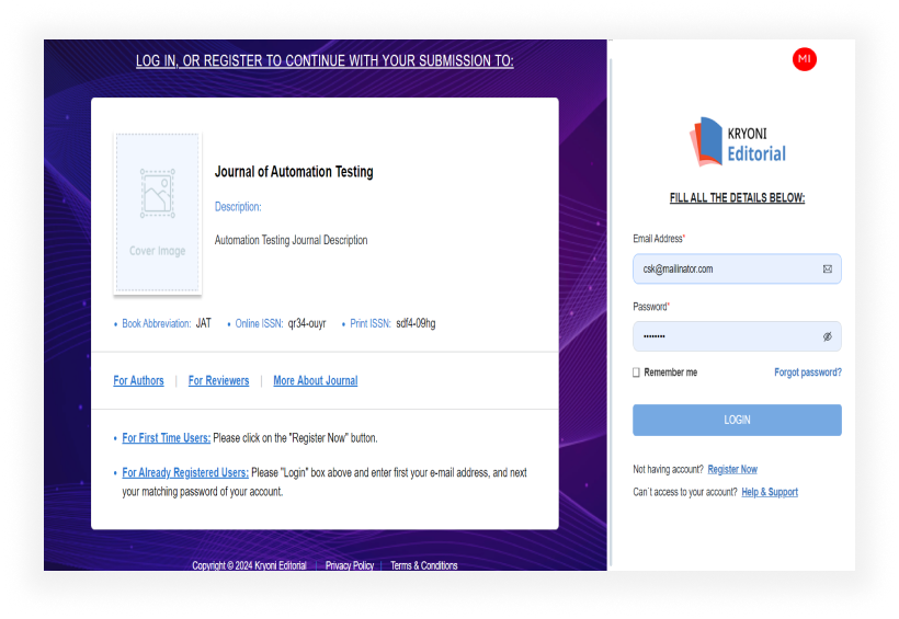 Author Login screen in JMS for easy article submission with a user-friendly interface. 