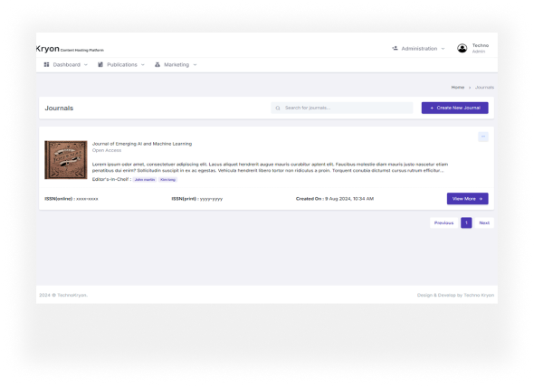 Visual representation of the journal creation page, displaying a list of all journals with detailed info. 