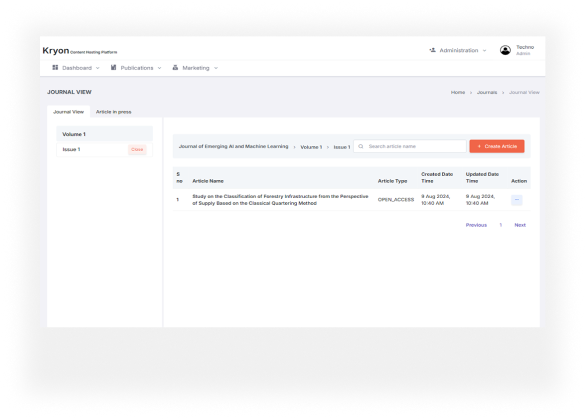 Overview of the article and issue management page, enabling efficient tracking and management of publications. 