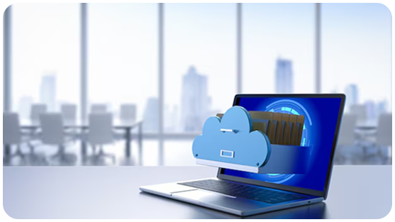 Laptop with cloud icon symbolizing Kryoni’s SaaS-based content hosting platform for journal publishing and indexing