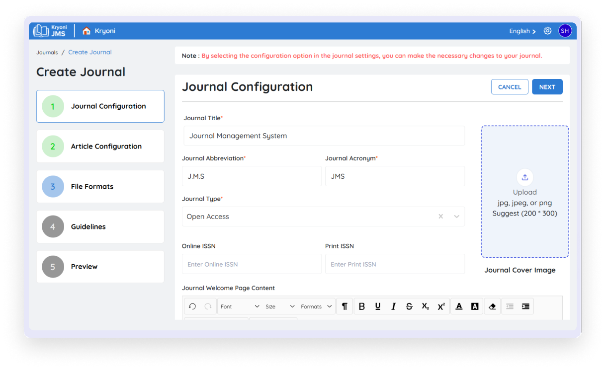 Image showing how to create a new academic journal in Kryoni journal management system