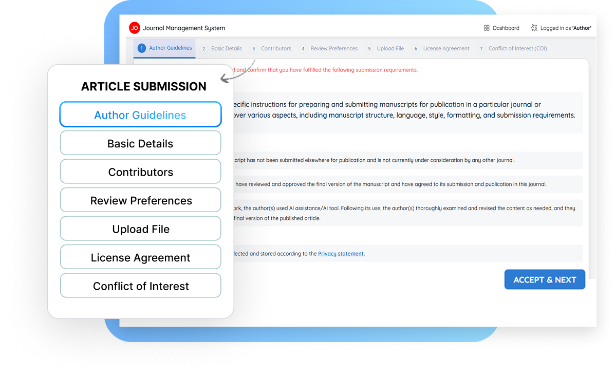 Image represents online manuscript submission system with real-time tracking, automated notifications, and structured workflow