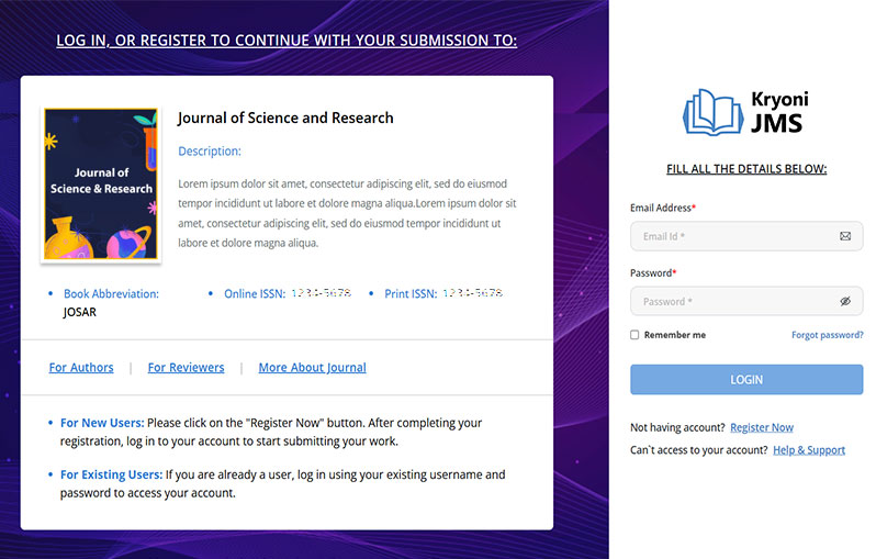 Author Login screen in JMS for easy article submission with a user-friendly interface. 