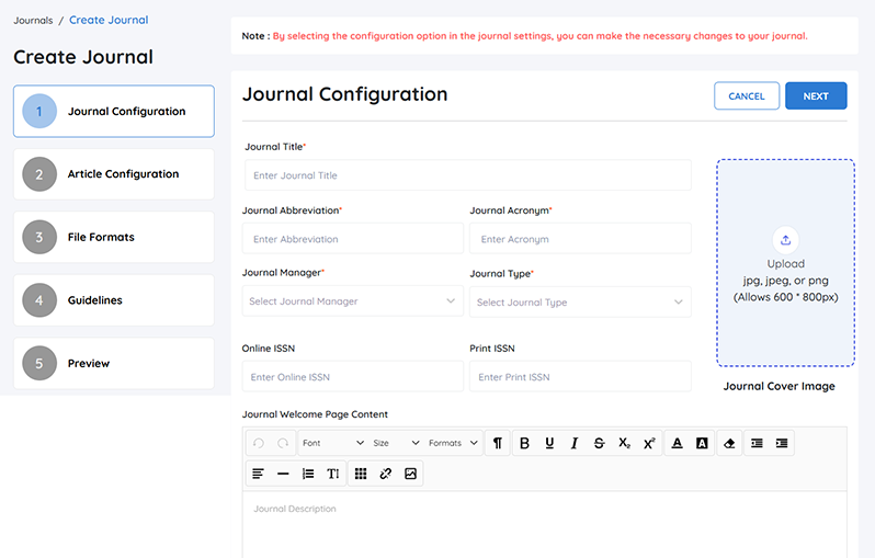 Create your journal in JMS easily with intuitive tools for setup and design. 